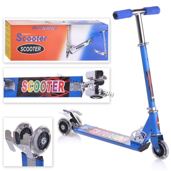 Самокат трехколесный 95мм SCOOTER (синий) (PU) светящиеся регулир. ручка в коробке